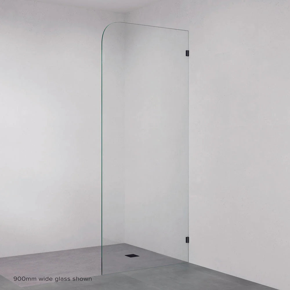 Fienza Frameless Glass Panel Curve Edge 1200X2050X10mm w/ Brackets Matte Black 10C12B-MB