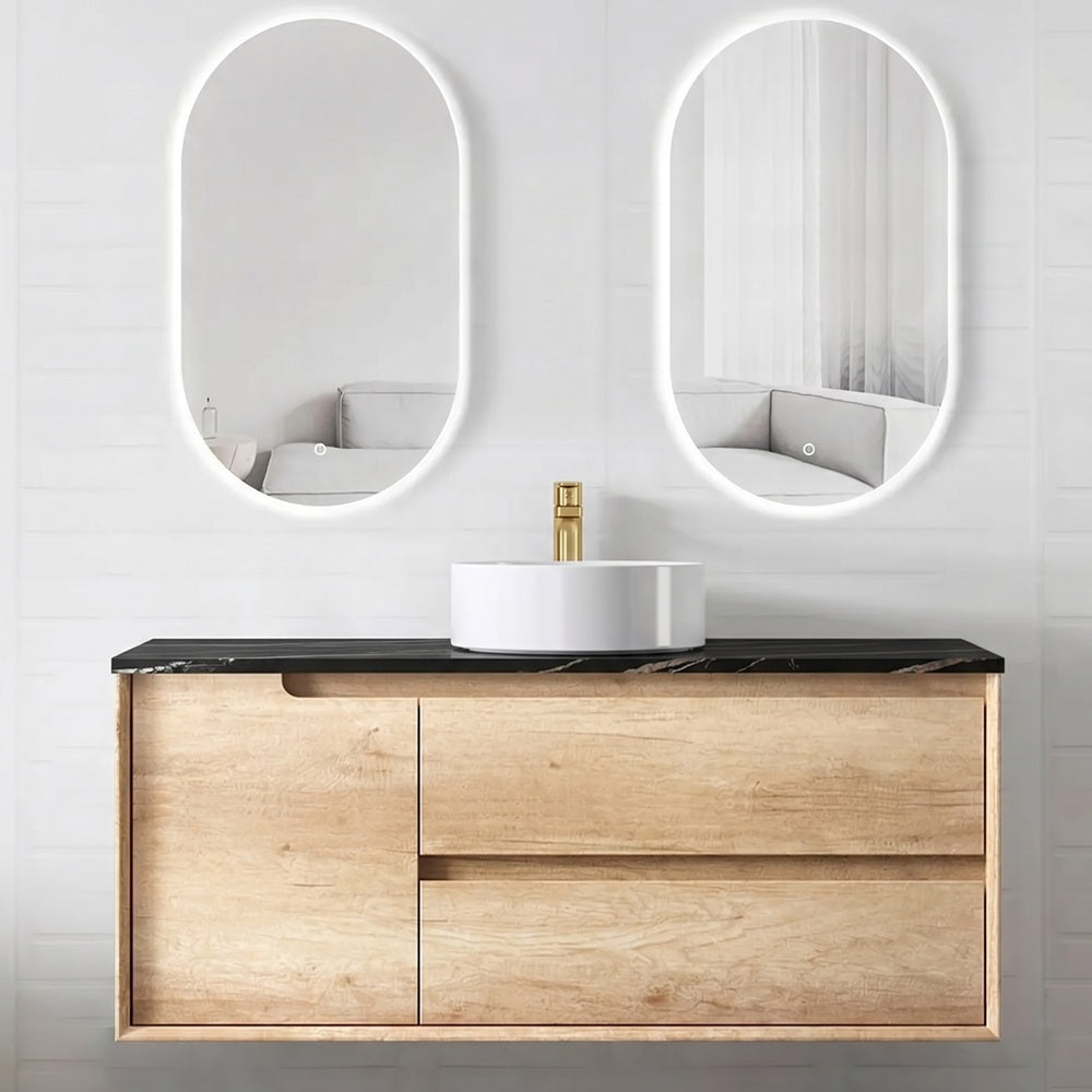 Otti Byron Wall Hung Vanity 1200mm (2 O'Clock Taphole) Natural Oak / Empire Black Top BY1200NST-EB-2TH
