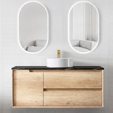 Otti Byron Wall Hung Vanity 1200mm (2 O'Clock Taphole) Natural Oak / Empire Black Top BY1200NST-EB-2TH