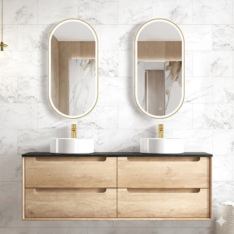 Otti Byron Wall Hung Vanity 1500mm (10 & 2 O'Clock Taphole) Natural Oak / Empire Black Top BY1500NST-EB-10TH