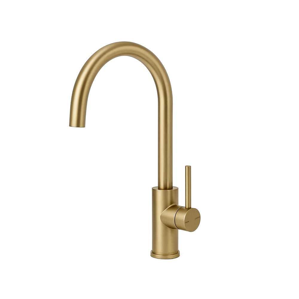 Amelie Essentiel Gooseneck Sink Mixer Round Pin Brushed Brass BDO18106BG