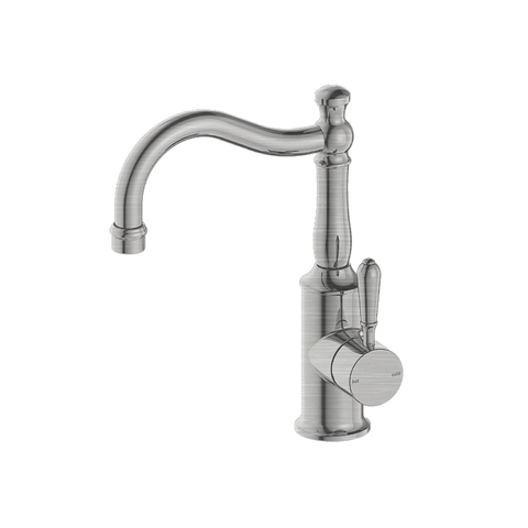 Nero York Basin Mixer Hook Spout w/ Metal Lever Brushed Nickel NR69210202BN