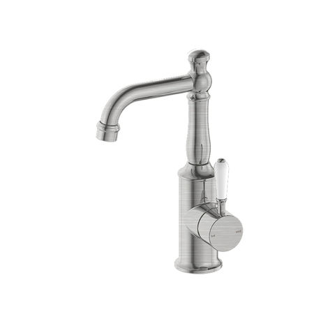 Nero York Basin Mixer w/ White Porcelain Lever Brushed Nickel NR69210101BN