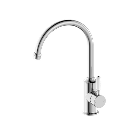 Nero York Kitchen Mixer Goosneck Spout w/ White Porcelain Lever Polished Nickel NR69210601PN