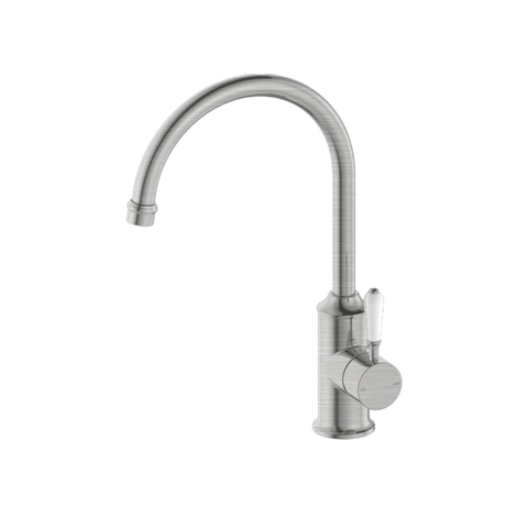 Nero York Kitchen Mixer Goosneck Spout w/ White Porcelain Lever Brushed Nickel NR69210601BN