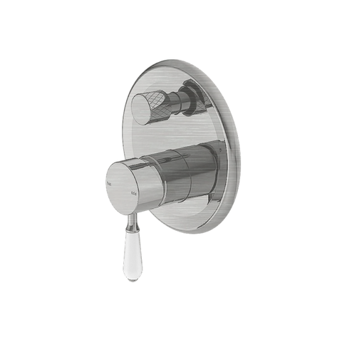 Nero York Shower Mixer w/ Diverter & White Porcelain Lever Brushed Nickel NR692109A01BN