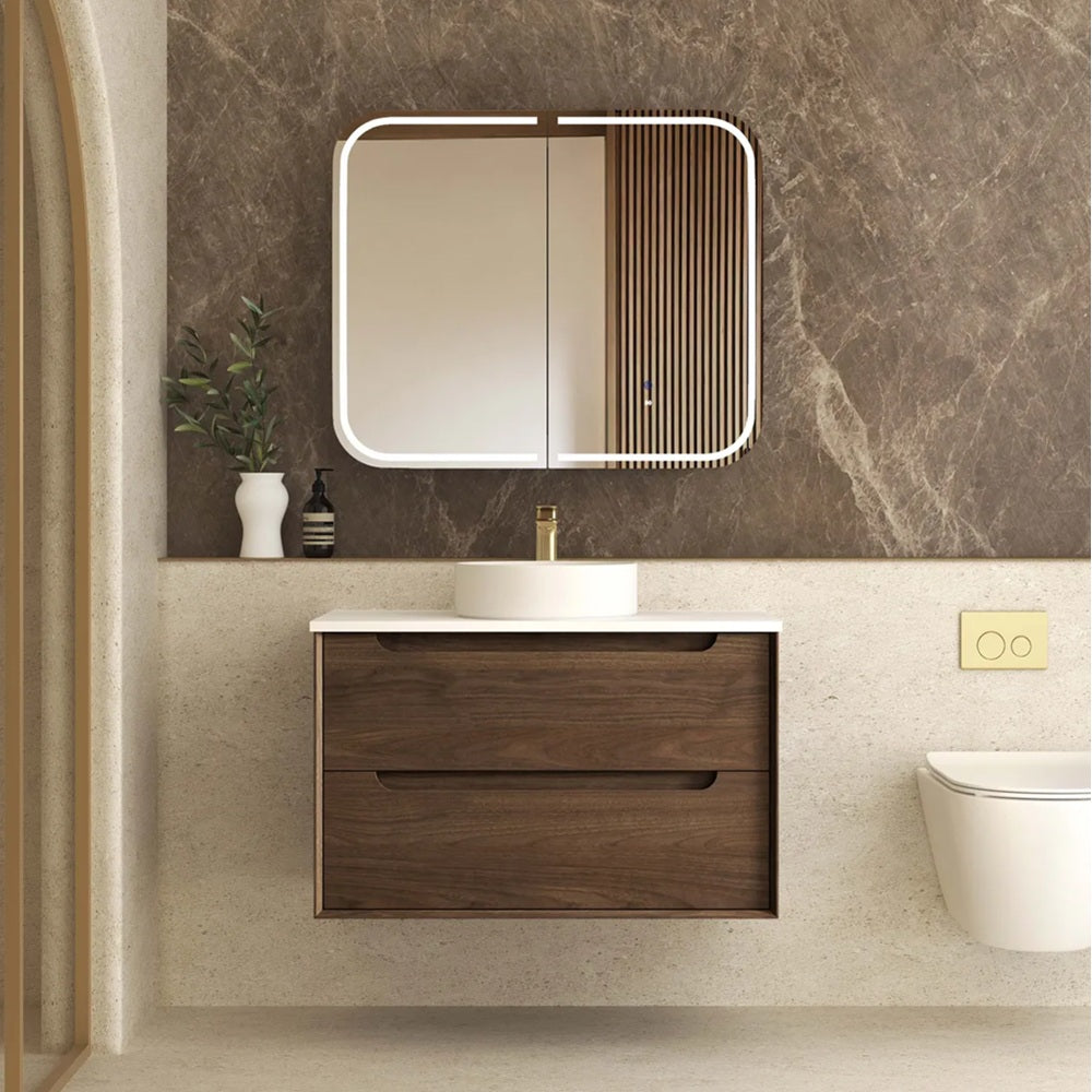 Otti Byron Wall Hung Vanity 900mm Sable Walnut / Matte White Top BY900SWSTUD-MW
