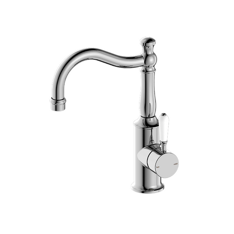 Nero York Basin Mixer Hook Spout w/ White Porcelain Lever Polished Nickel NR69210201PN