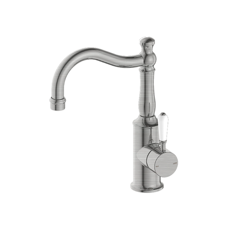 Nero York Basin Mixer Hook Spout w/ White Porcelain Lever Brushed Nickel NR69210201BN