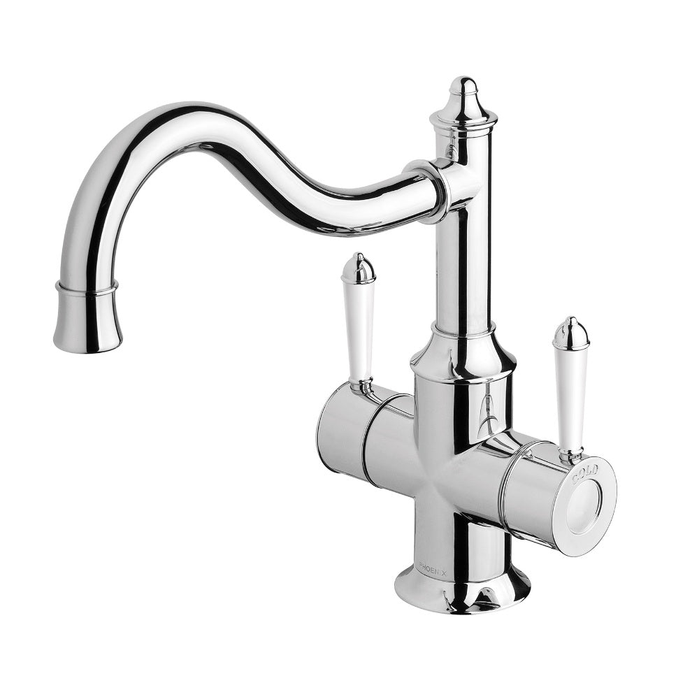 Phoenix Nostalgia Twin Handle Sink Mixer 230mm Shepherds Crook Chrome/White NS714-62-1