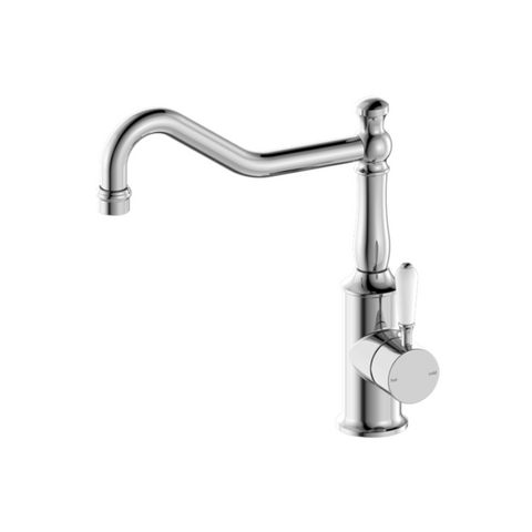 Nero York Kitchen Mixer Hook Spout w/ White Porcelain Lever Polished Nickel NR69210701PN