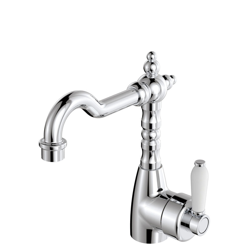 Fienza Eleanor Shepherds Crook Basin Mixer Lead Free Chrome White Handle 202103-LF