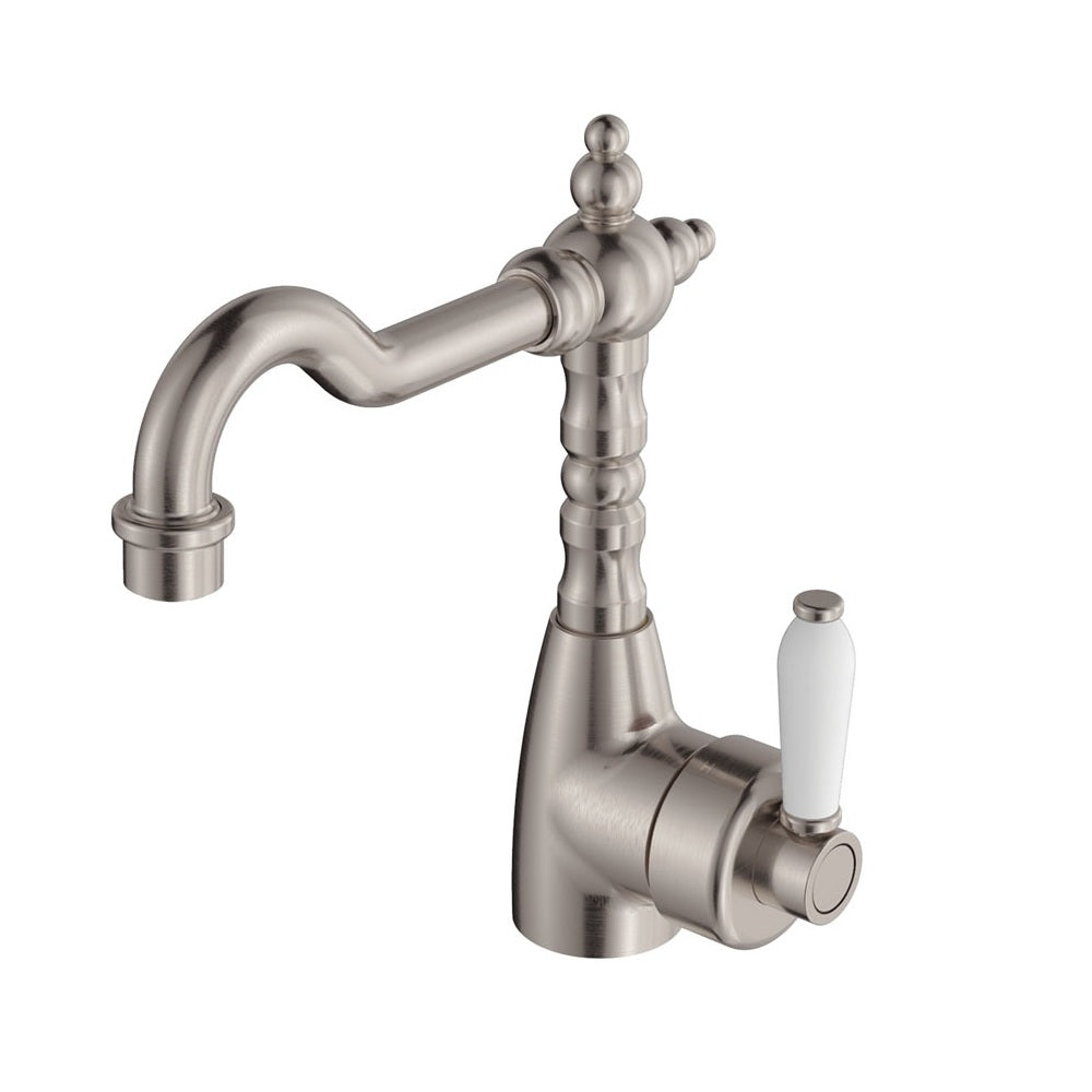 Fienza Eleanor Basin Mixer w/ Shepherds Crook Lead Free White Handle Brushed Nickel 202103BN-LF