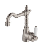 Fienza Eleanor Basin Mixer w/ Shepherds Crook Lead Free White Handle Brushed Nickel 202103BN-LF