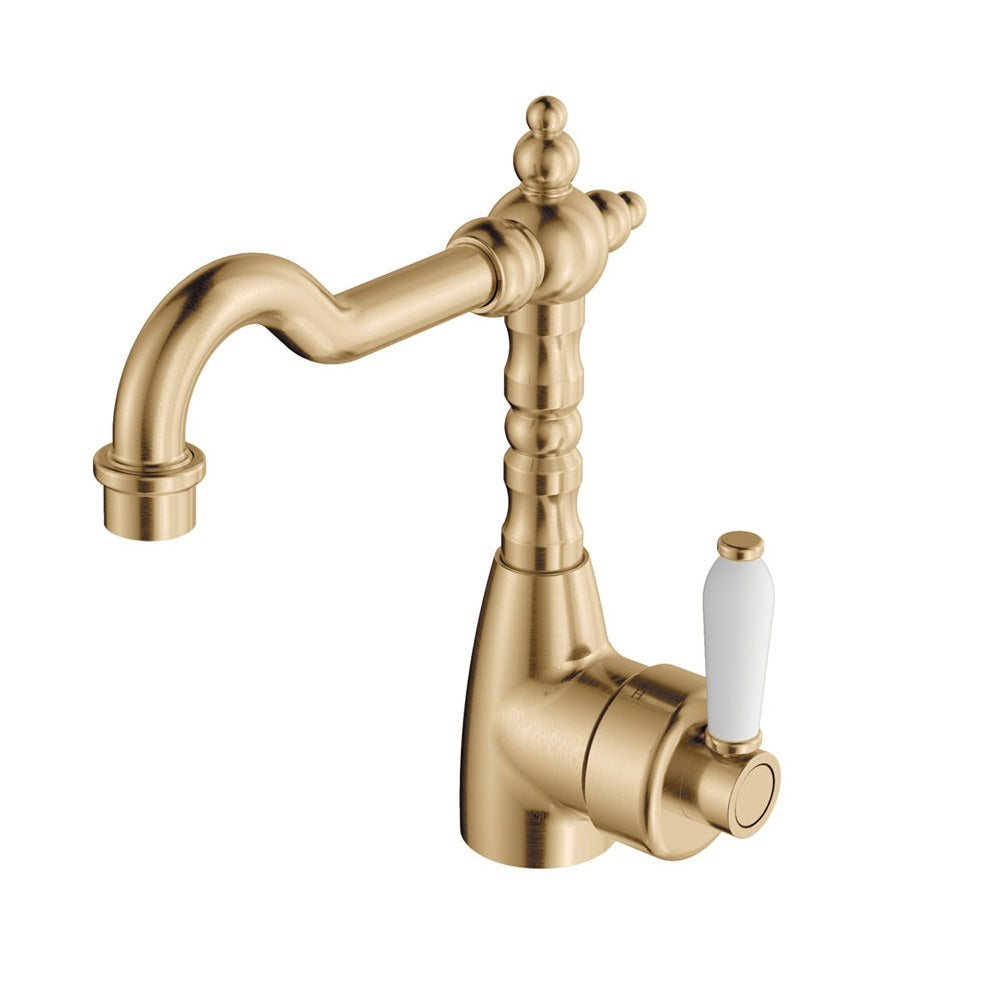 Fienza Eleanor Basin Mixer w/ Shepherds Crook Lead Free White Handle Urban Brass 202103UB-LF