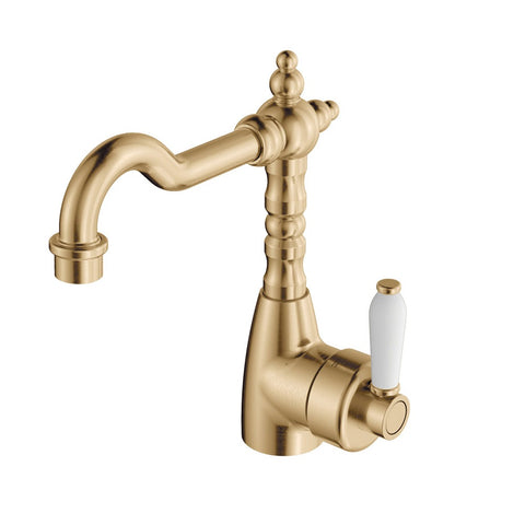 Fienza Eleanor Basin Mixer w/ Shepherds Crook Lead Free White Handle Urban Brass 202103UB-LF