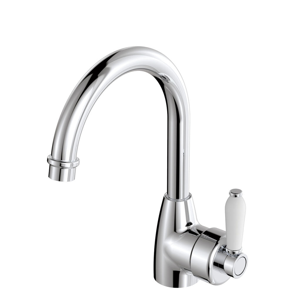 Fienza Eleanor Gooseneck Basin Mixer Lead Free White Handle Chrome 202104-LF