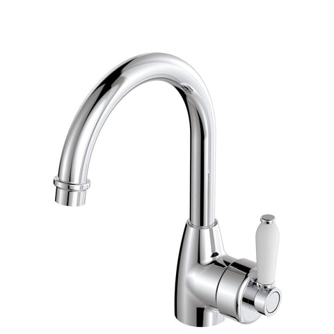 Fienza Eleanor Gooseneck Basin Mixer Lead Free White Handle Chrome 202104-LF