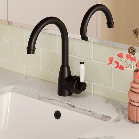Fienza Eleanor Gooseneck Basin Mixer Lead Free White Handle Matte Black 202104BK-LF