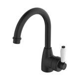 Fienza Eleanor Gooseneck Basin Mixer Lead Free White Handle Matte Black 202104BK-LF