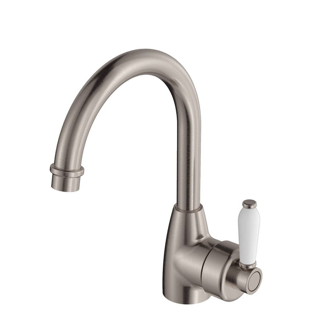 Fienza Eleanor Gooseneck Basin Mixer Lead Free White Handle Brushed Nickel 202104BN-LF