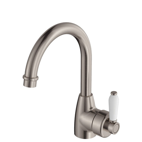 Fienza Eleanor Gooseneck Basin Mixer Lead Free White Handle Brushed Nickel 202104BN-LF