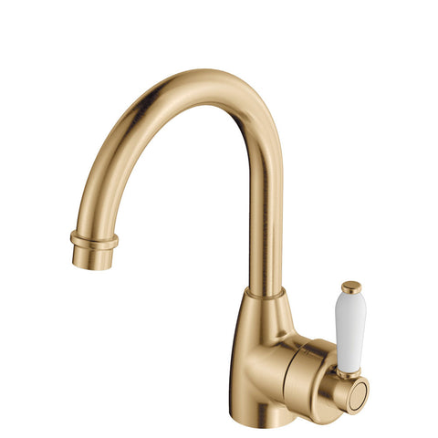 Fienza Eleanor Gooseneck Basin Mixer Lead Free White Handle Urban Brass 202104UB-LF