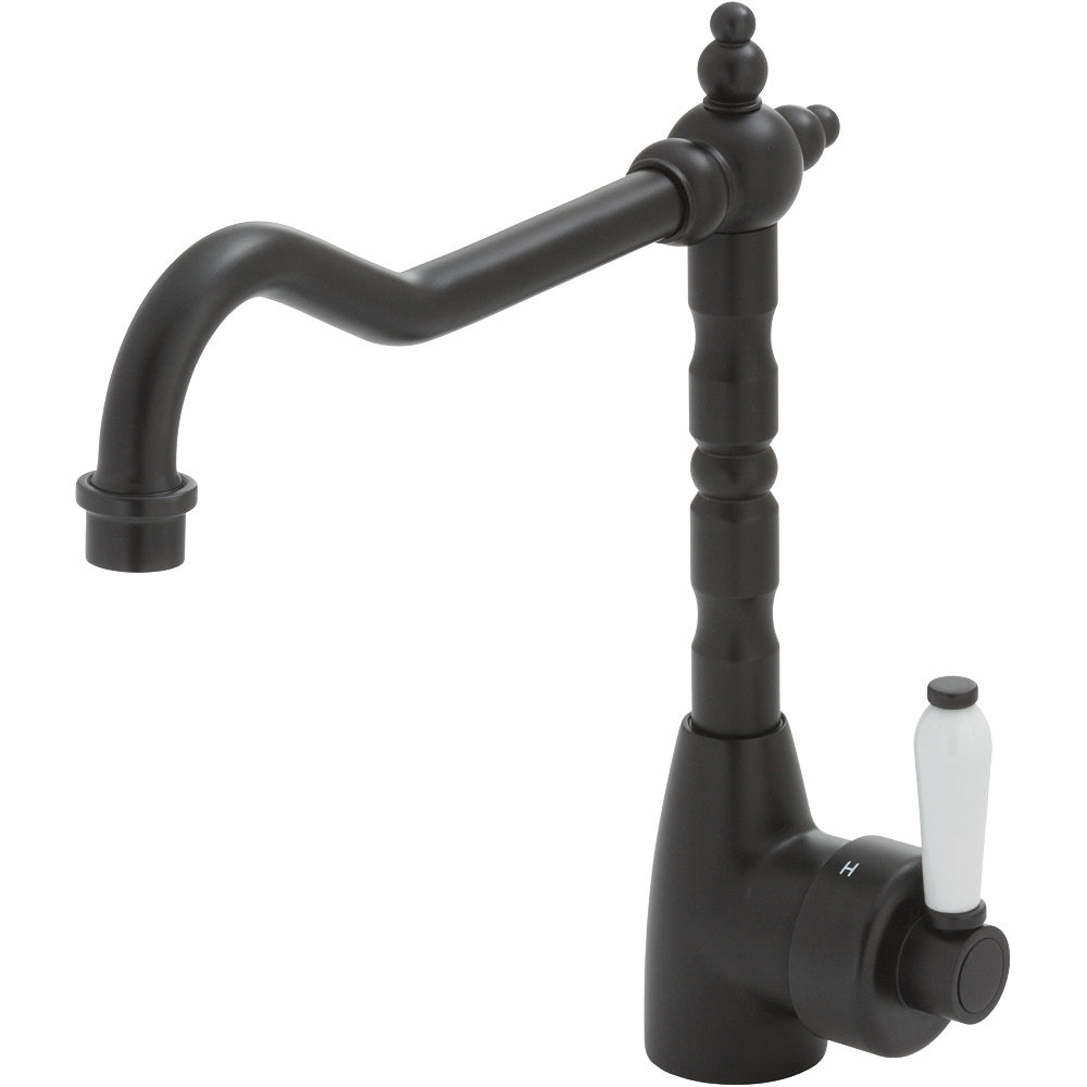 Fienza Eleanor Shepherds Crook Kitchen Sink Mixer Lead Free Matte Black w/ White Handle 202105BK-LF