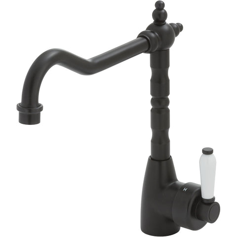 Fienza Eleanor Shepherds Crook Kitchen Sink Mixer Lead Free Matte Black w/ White Handle 202105BK-LF