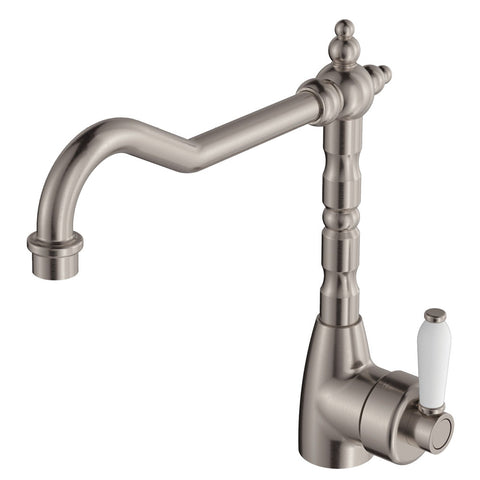 Fienza Eleanor Shepherds Crook Kitchen Sink Mixer Lead Free White Handle Brushed Nickel 202105BN-LF