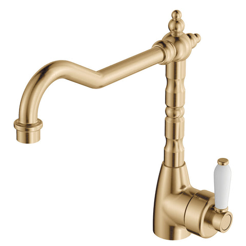 Fienza Eleanor Shepherds Crook Kitchen Sink Mixer Lead Free White Handle Urban Brass 202105UB-LF