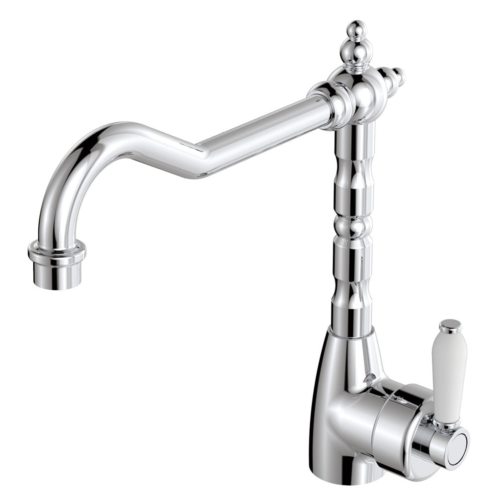 Fienza Eleanor Shepherds Crook Kitchen Sink Mixer Lead Free White Handle Chrome 202105-LF
