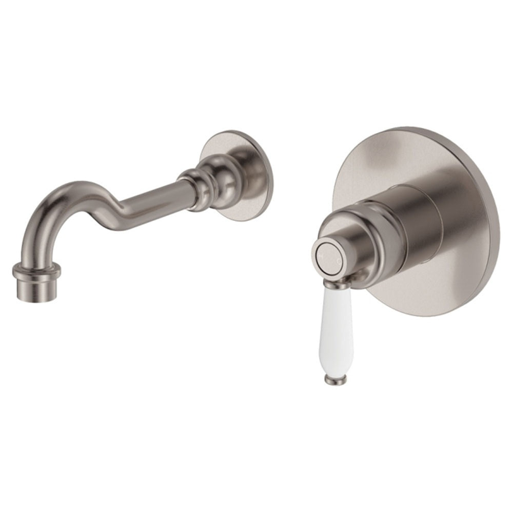 Fienza Eleanor Wall Mixer Basin/Bath Set Outlet 215mm Lead Free Brushed Nickel w/ White Handle 202106BN-LF
