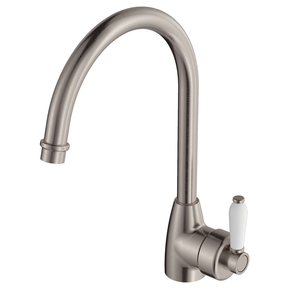 Fienza Eleanor Gooseneck Kitchen Mixer Lead Free Brushed Nickel w/ White Handle 202109BN-LF