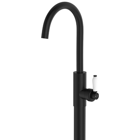 Fienza Eleanor Floor Mounted Basin/Bath Mixer White Handle Lead Free Matte Black 202112BK-LF