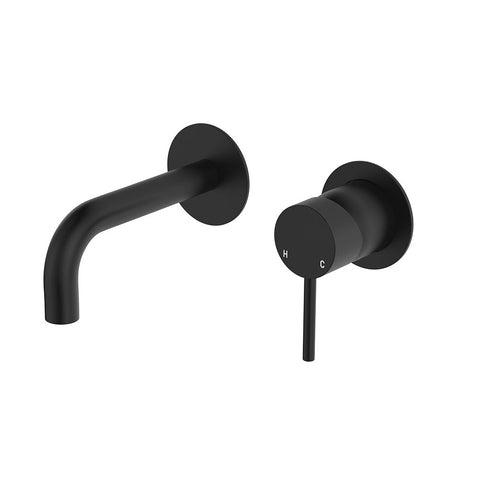 Fienza Kaya Basin/Bath Wall Mixer Set Round Plates 130mm Outlet Lead Free Matte Black 228104B-130-LF