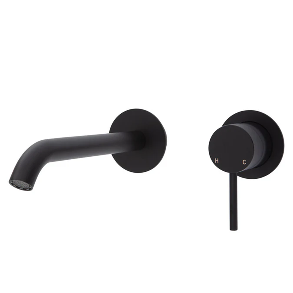 Fienza Kaya Round Basin/Bath Wall Mixer Set 200mm Lead Free Matte Black D228104B-200-LF