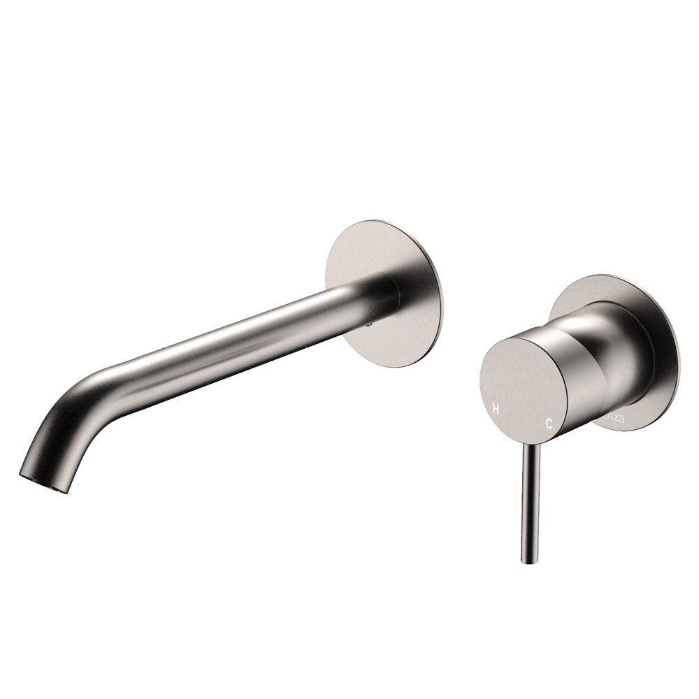 Fienza Kaya Basin/Bath Wall Mixer Set Round Plates 200mm Outlet Lead Free Brushed Nickel 228104BN-200-LF