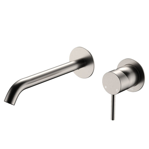 Fienza Kaya Basin/Bath Wall Mixer Set Round Plates 200mm Outlet Lead Free Brushed Nickel 228104BN-200-LF