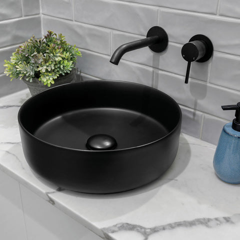 Fienza Kaya Basin/Bath Wall Mixer Set Round Plates 160mm Outlet Lead Free Matte Black 228104B-LF