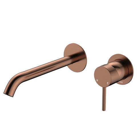 Fienza Kaya Basin/Bath Wall Mixer Set Round Plates 200mm Outlet Lead Free Brushed Copper 228104CO-200-LF