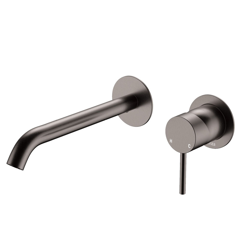 Fienza Kaya Basin/Bath Wall Mixer Set Round Plates 200mm Outlet Lead Free Gunmetal 228104GM-200-LF