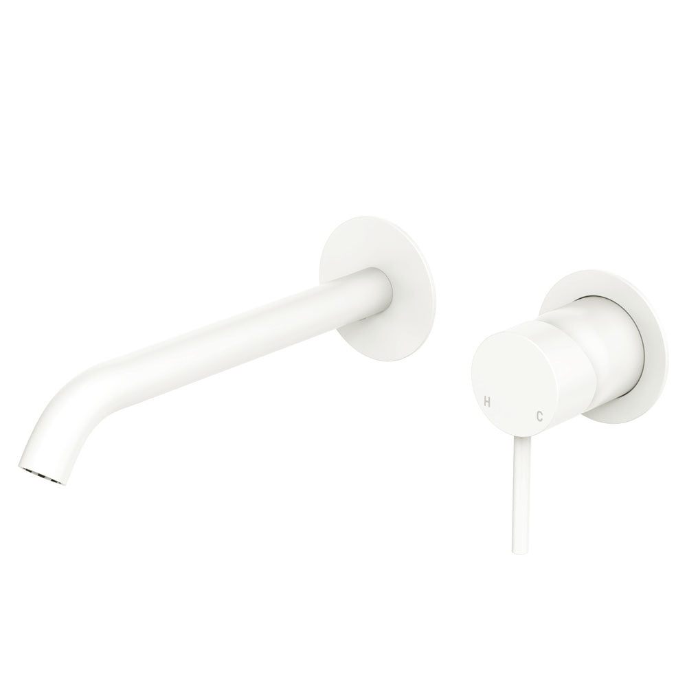 Fienza Kaya Basin/Bath Wall Mixer Set Round Plates 200mm Outlet Lead Free Matte White 228104MW-200-LF
