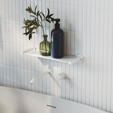 Fienza Kaya Basin/Bath Wall Mixer Set Round Plates 200mm Outlet Lead Free Matte White 228104MW-200-LF