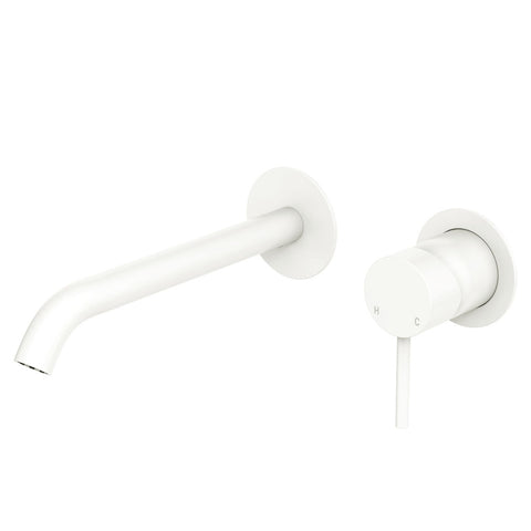 Fienza Kaya Basin/Bath Wall Mixer Set Round Plates 200mm Outlet Lead Free Matte White 228104MW-200-LF