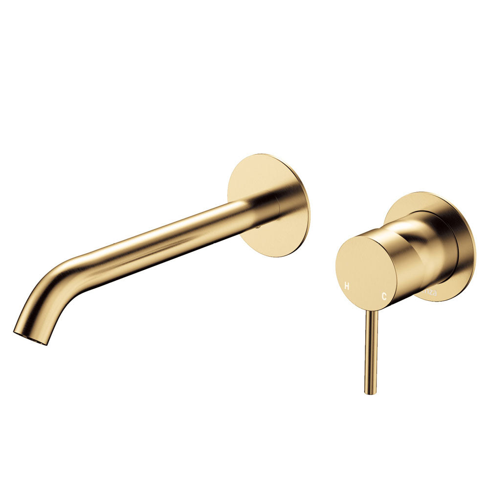 Fienza Kaya Basin/Bath Wall Mixer Set Round Plates 200mm Outlet Lead Free Urban Brass 228104UB-200-LF