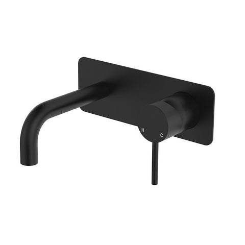 Fienza Kaya Basin/Bath Wall Mixer Set Rectangular Plate 130mm Outlet Lead Free Matte Black 228106B-130-LF