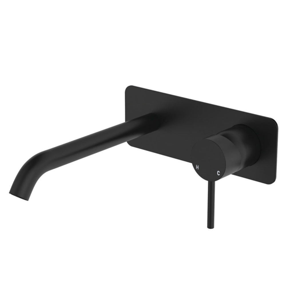 Fienza Kaya Rectangular Plate Basin/Bath Wall Mixer Set Outlet 200mm Lead Free Matte Black 228106B-200-LF
