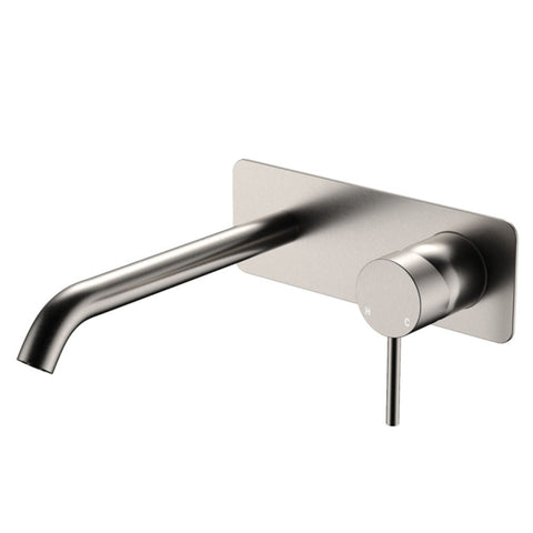 Fienza Kaya Basin/Bath Wall Mixer Set Rectangular Plate 200mm Outlet Lead Free Brushed Nickel 228106BN-200-LF