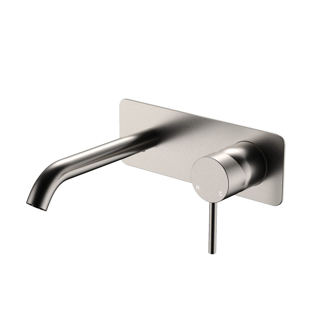Fienza Kaya Basin/Bath Wall Mixer Set Rectangular Plate 160mm Outlet Lead Free Brushed Nickel 228106BN-LF